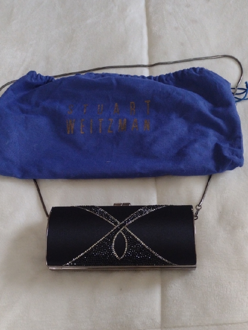 Stuart Weitzman Black Crystal-Accented Satin Evening Clutch